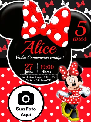 Convite de Aniversário Minnie Mouse com Foto para Editar
