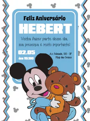 Convite de Aniversário Mickey Baby com Ursinho para Editar