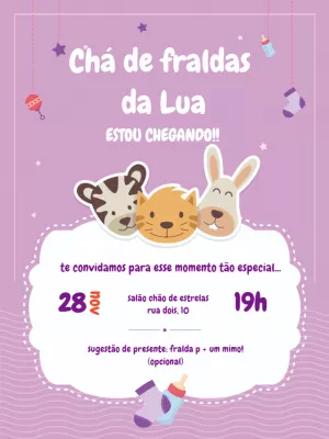 Convite Chá de Fraldas Bichinhos Lilás para Editar Online