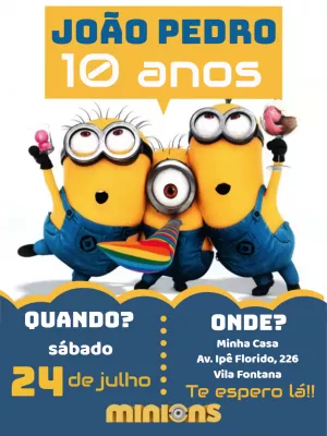 Convite de Aniversário Minions Editável Online para Enviar