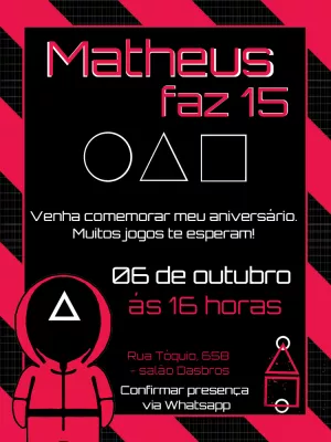 Convite Aniversário Round 6 com Símbolos da Série para Editar