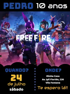 Convite de Aniversário Free Fire com Personagens para Editar
