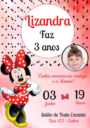 Convite Aniversário Minnie Mouse com Foto para Editar Online