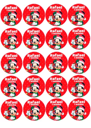 Adesivo Redondo Natal Mickey para Editar e Imprimir