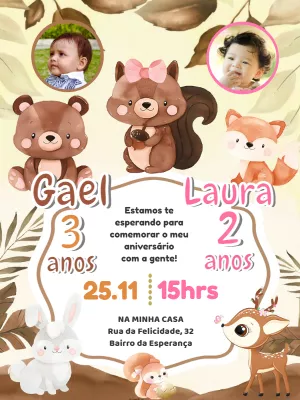 Convite Aniversário Duplo Bosque Encantado com Foto para Editar