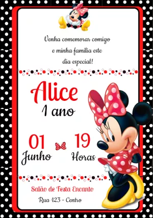 Convite Aniversário Minnie Mouse Vermelha para Editar Online