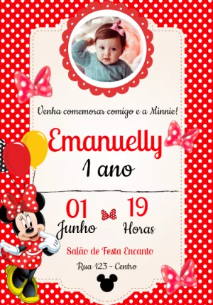 Convite de Aniversário Minnie Mouse com Foto para Editar