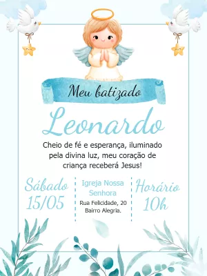 Convite de Batizado Anjinho Menino para Editar Online