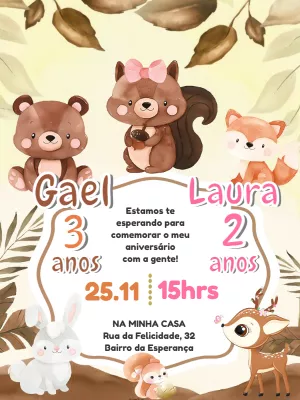 Convite Aniversário Duplo Bosque Encantado para Editar Online