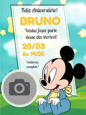 Convite Aniversário Mickey Baby com Foto para Editar Online