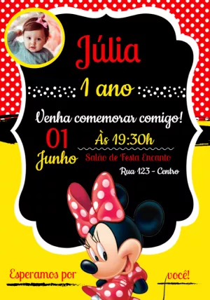Convite Aniversário Minnie Vermelha com Foto para Editar