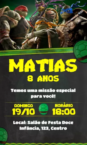 Convite de Aniversário Tartarugas Ninja Equipe Reunida para Editar