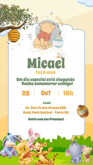 Convite de Aniversário Ursinho Pooh e Amigos para Editar Online