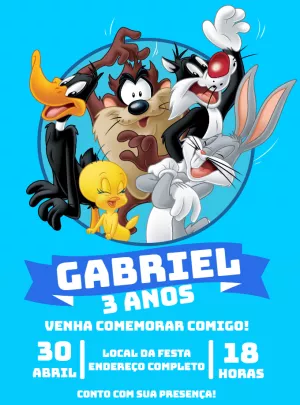 Convite Aniversário Looney Tunes com Personagens para Editar