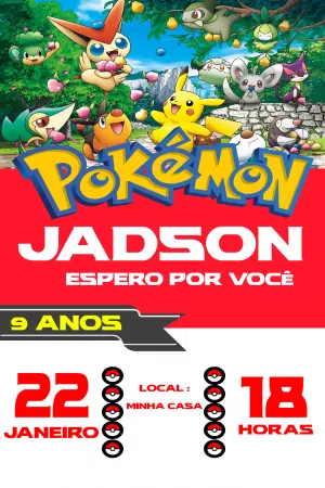 Convite de Aniversário Pokémon com Personagens para Editar Online