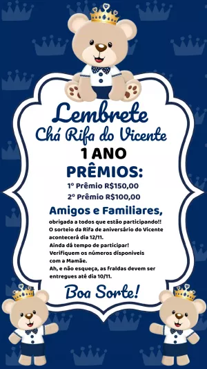 Lembrete de Chá Rifa Ursinho Príncipe para Editar Online