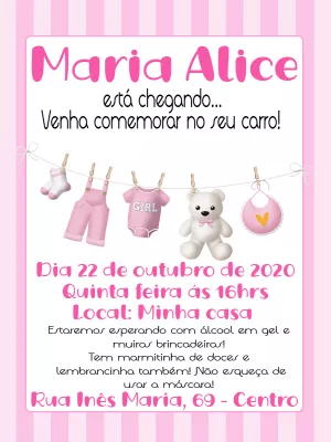 Convite Chá de Bebê Ursinha Rosa e Varal para Editar Online