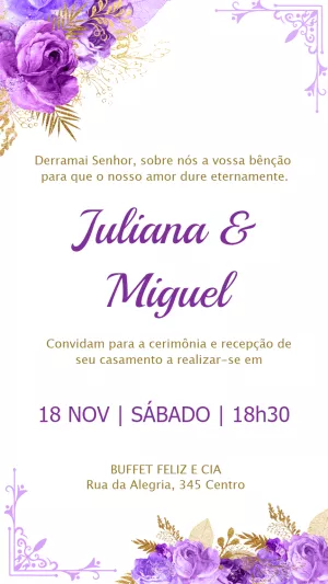 Convite de Casamento Floral Roxo e Dourado para Editar Online