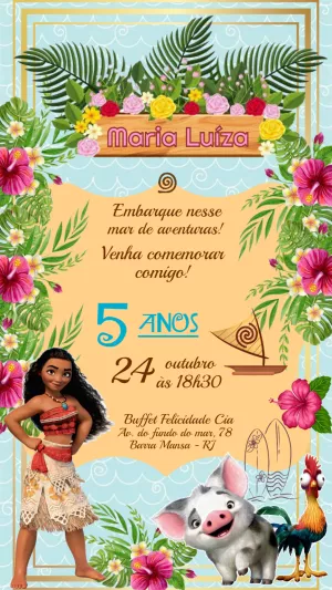 Convite Aniversário Moana com Personagens para Editar Online
