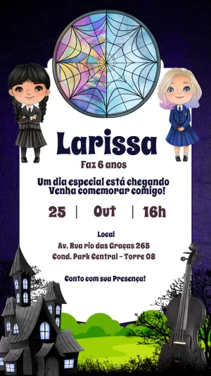 Convite de Aniversário Wandinha Addams e Enid para Editar Online