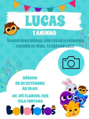 Convite de Aniversário Bolofofos com Foto para Editar Online