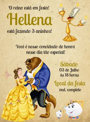 Convite de Aniversário A Bela e a Fera para Editar Online