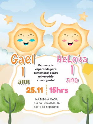 Convite Aniversário Gêmeos Primeira Volta ao Sol para Editar
