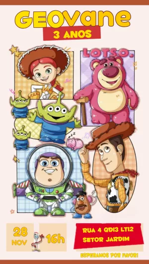 Convite Aniversário Toy Story com Personagens para Editar Online