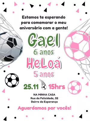 Convite Aniversário Duplo Futebol Menino e Menina para Editar