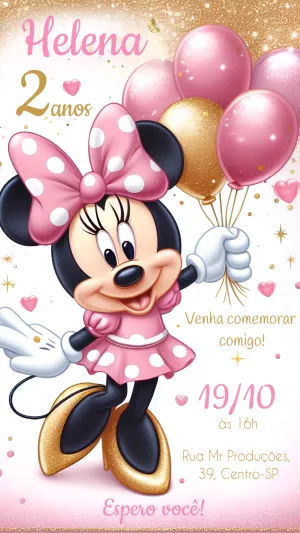 Convite Aniversário Minnie Rosa e Dourado para Editar Online
