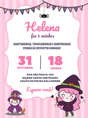 Convite de Aniversário Halloween Rosa com Bruxinha para Editar