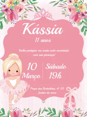 Convite Aniversário Bailarina Floral para Editar Online