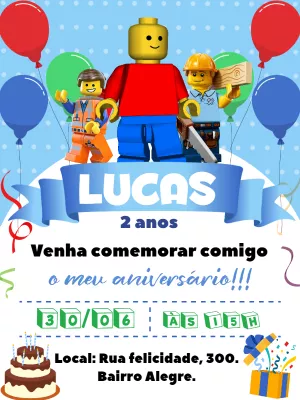Convite de Aniversário Lego Blocos de Montar para Editar Online