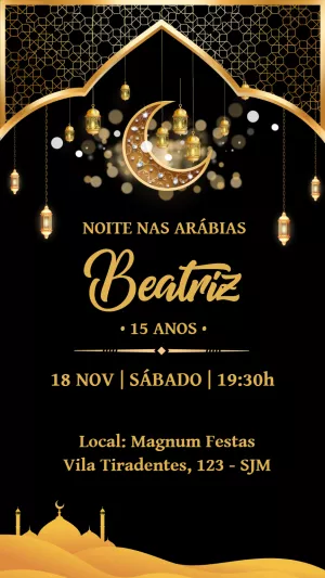 Convite Festa Árabe Dourado e Preto para Editar Online