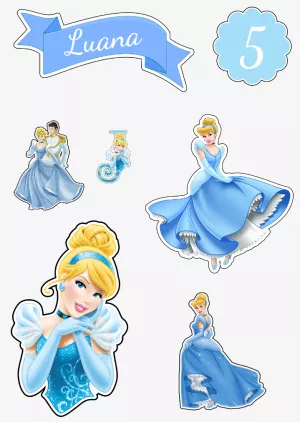 Topo de Bolo Cinderella Editável com Personagens para Imprimir