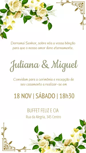 Convite de Casamento Floral com Rosas Brancas para Editar