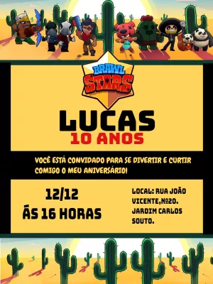 Convite Aniversário Brawl Stars com Personagens para Editar