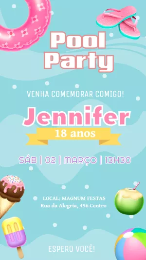 Convite de Aniversário Pool Party com Tema Verão para Editar