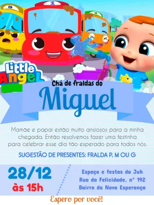 Convite Chá de Fraldas Little Angel com Carrinhos para Editar