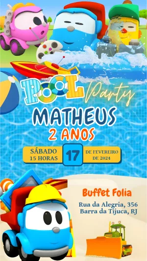 Convite Aniversário Léo o Caminhão Pool Party para Editar