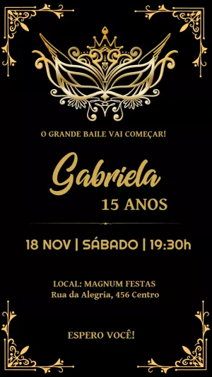 Convite de 15 Anos Baile de Máscaras Dourado para Editar Online