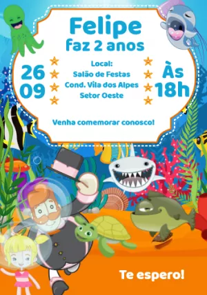 Convite Aniversário Mundo Bita Fundo do Mar para Editar Online