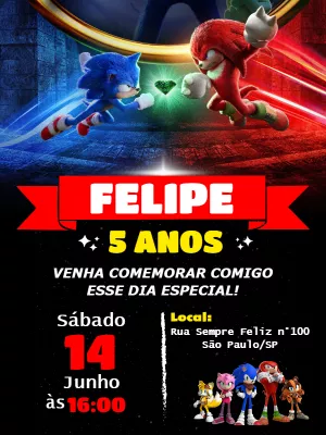 Convite Aniversário Sonic 2 com Personagens para Editar Online