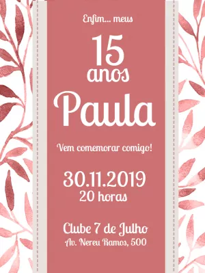 Convite de 15 Anos Folhagens Aquarela Rosa para Editar Online