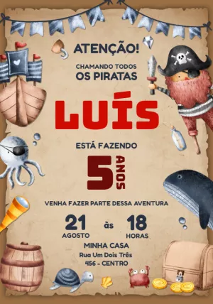 Convite de Aniversário Pirata Infantil para Editar Online