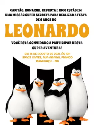 Convite Aniversário Pinguins de Madagascar para Editar Online