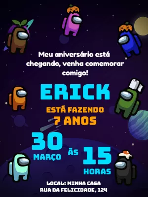 Convite de Aniversário Among Us com Personagens para Editar