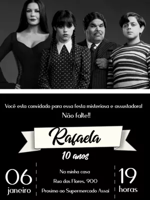 Convite Aniversário Wandinha Addams para Editar Online