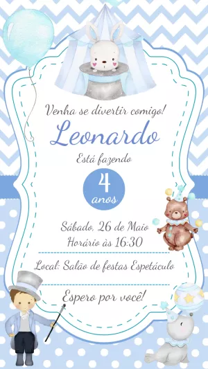 Convite Aniversário Circo Azul com Animais para Editar Online