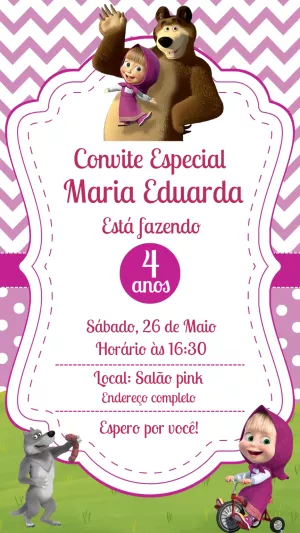 Convite Aniversário Masha e o Urso Rosa para Editar Online